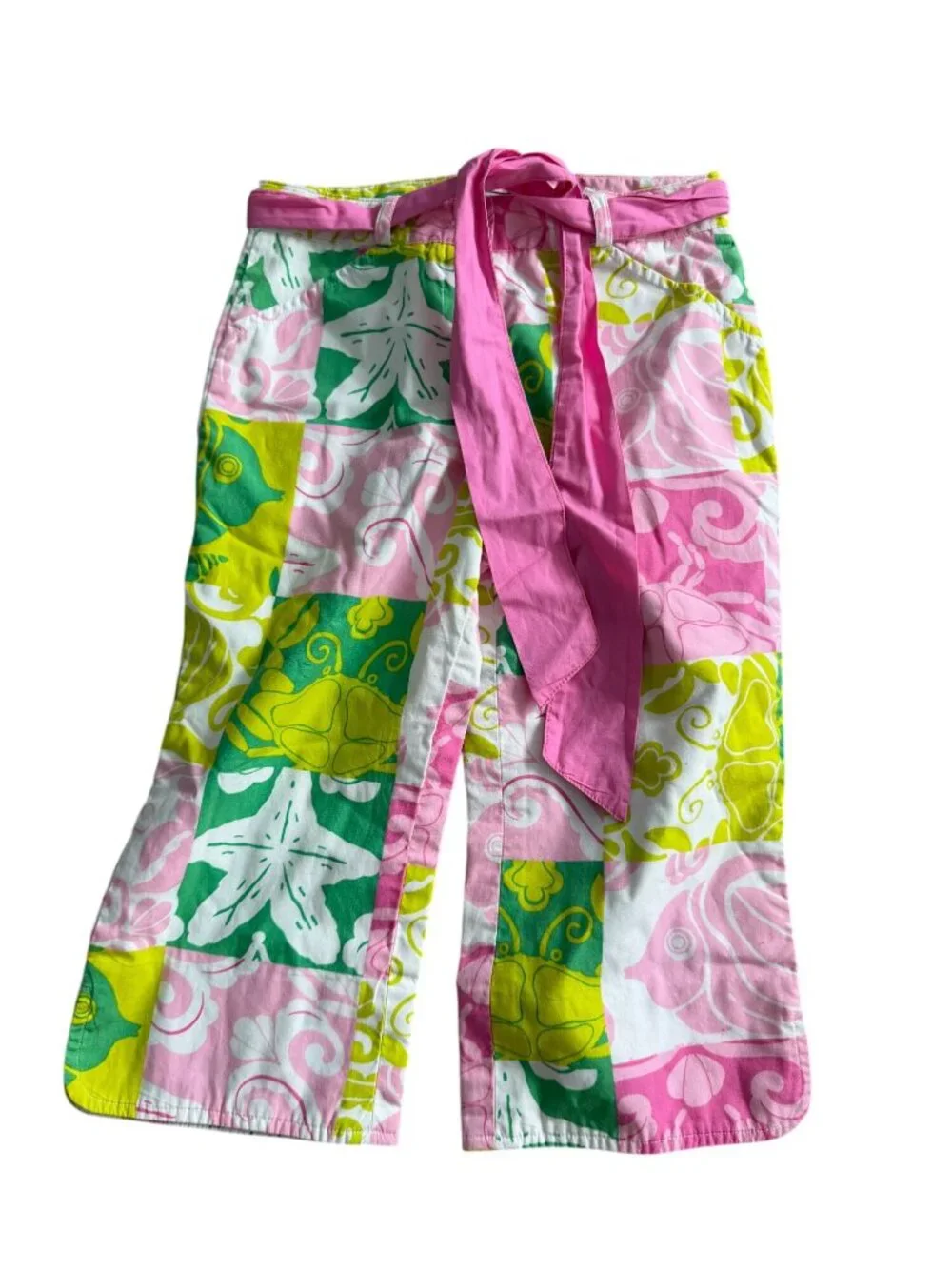 LILLY PULITZER Vintage Girls Sea Life Patchwork Patterned Belted Pants Size 6X
